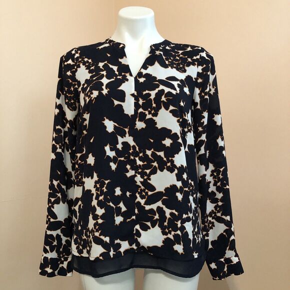 The Limited Navy Blue Orange Long Sleeve Floral V Neck Blouse Lined Small - Picture 1 of 9